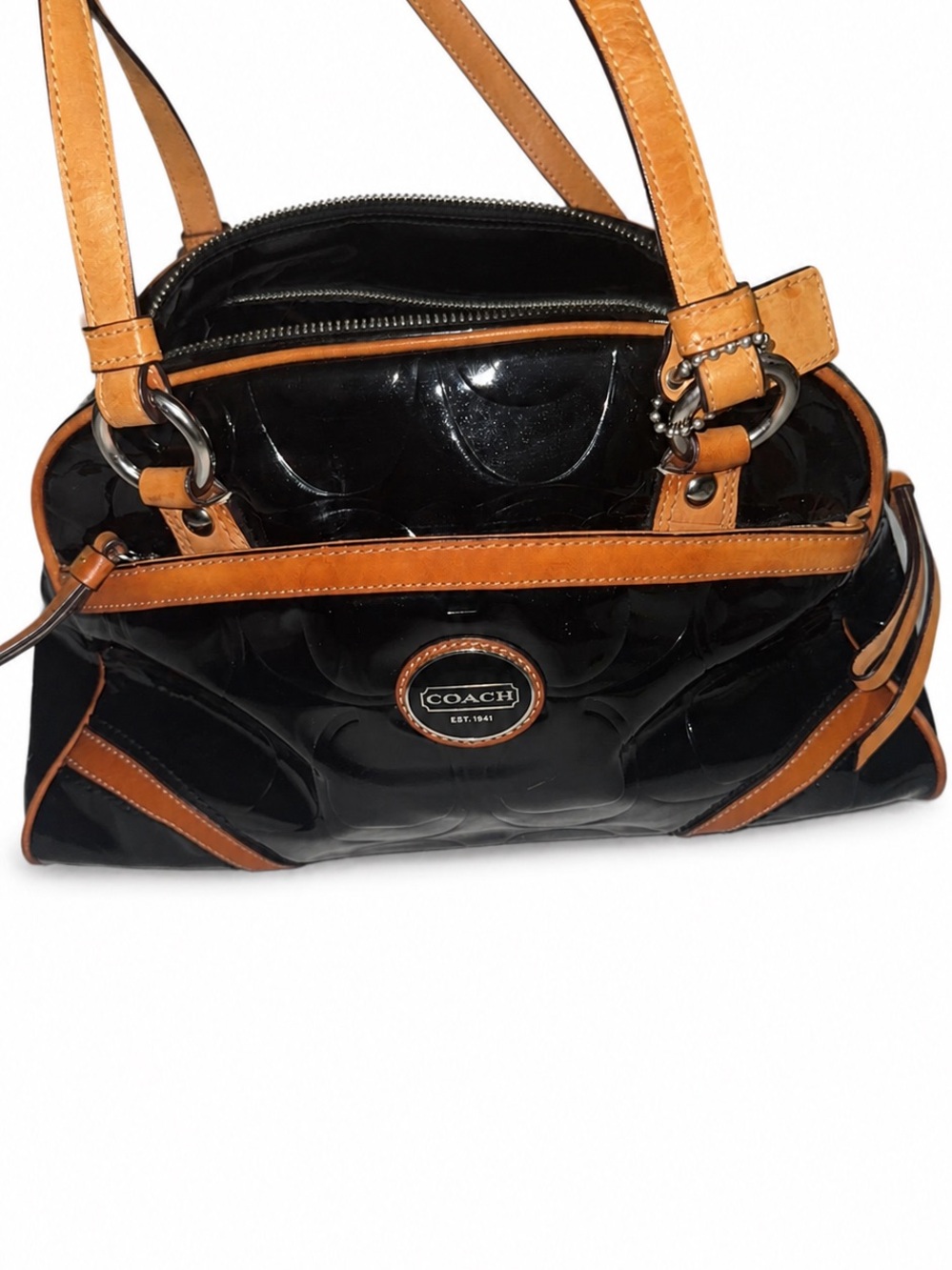 Coach Black Patent Shoulder Bag with Tan Leather Trim